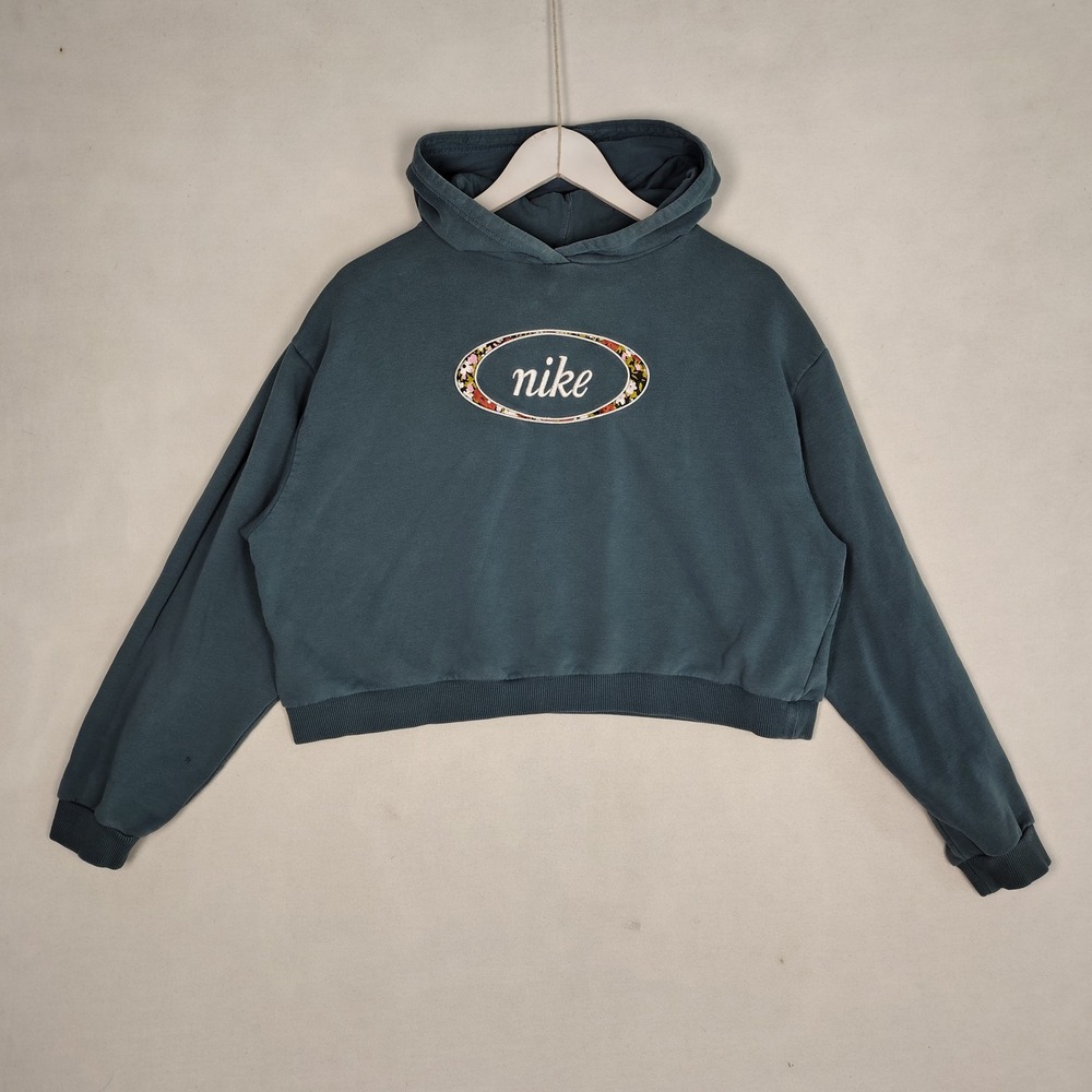 Nike Womens Floral Oval Logo Cropped Hoodie Teal Blue French Terry Large